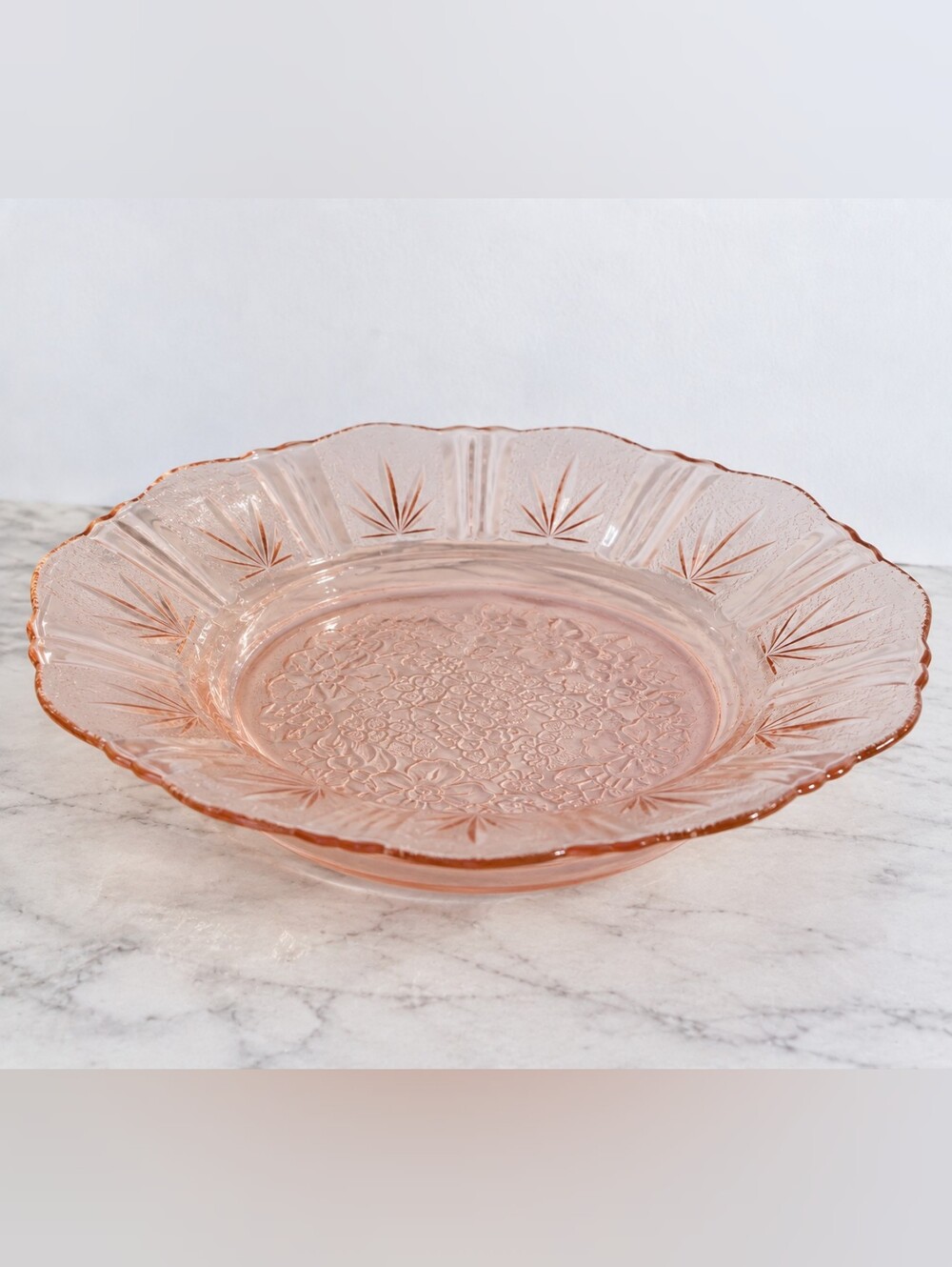 Vintage Nova Crisa Mexico Pink Glass Floral 8" Plates Scalloped Rim Set of 2